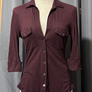 James Perse Sheer Slub Side Panel Shirt in a Plum/Burgundy Color